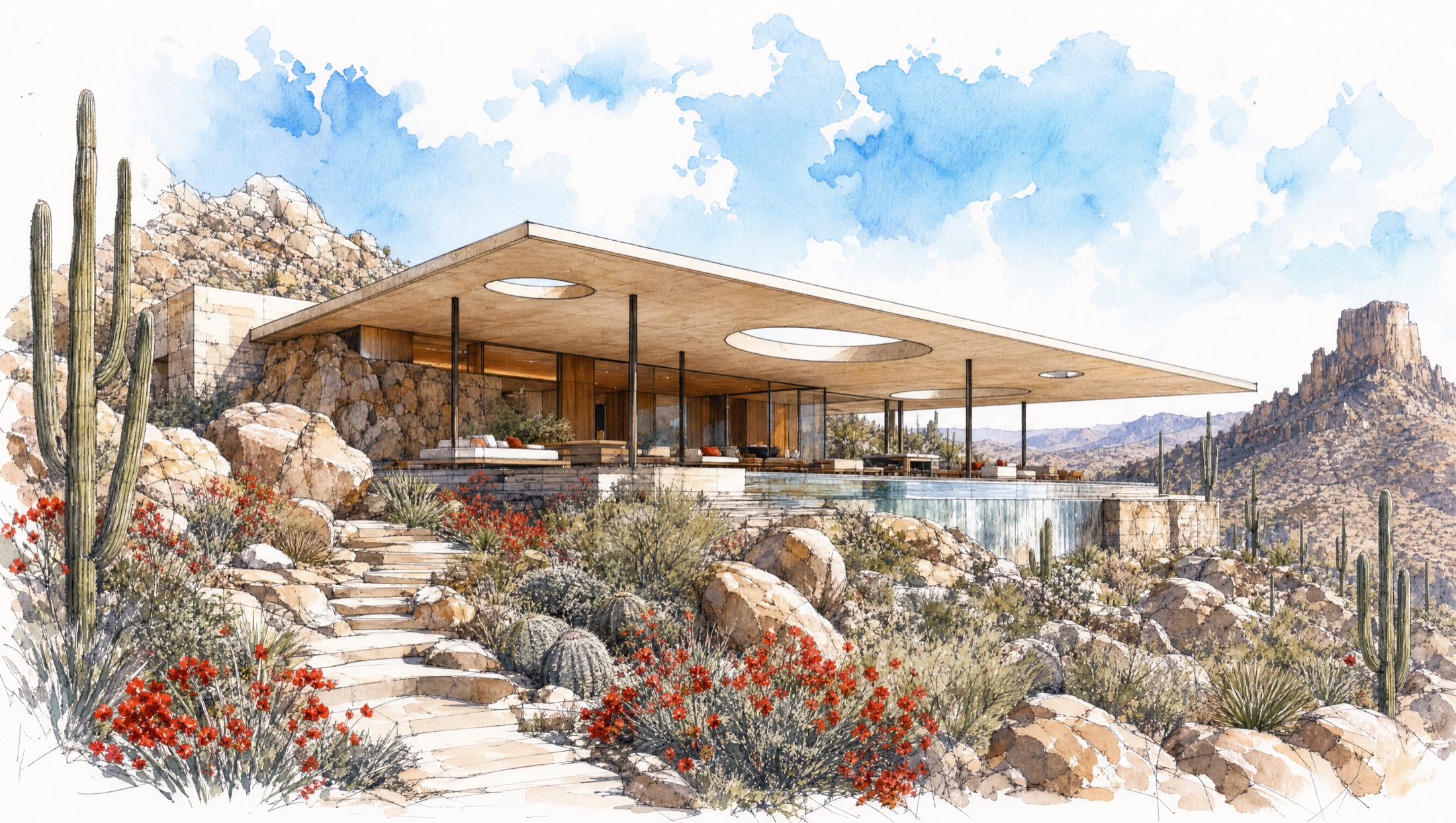 Watercolor of the Cave Creek pavilion among boulders
