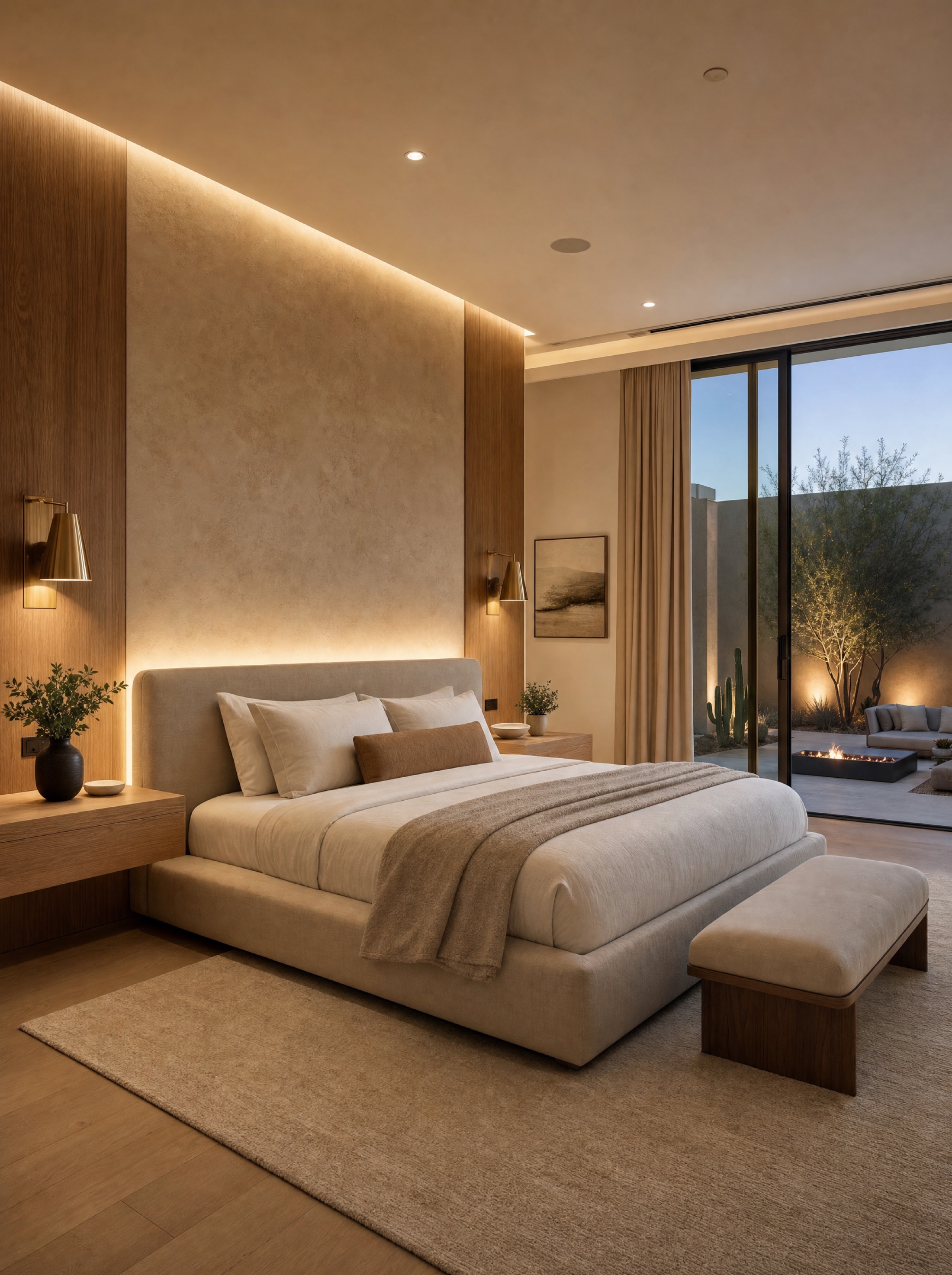 Primary suite at dusk, built