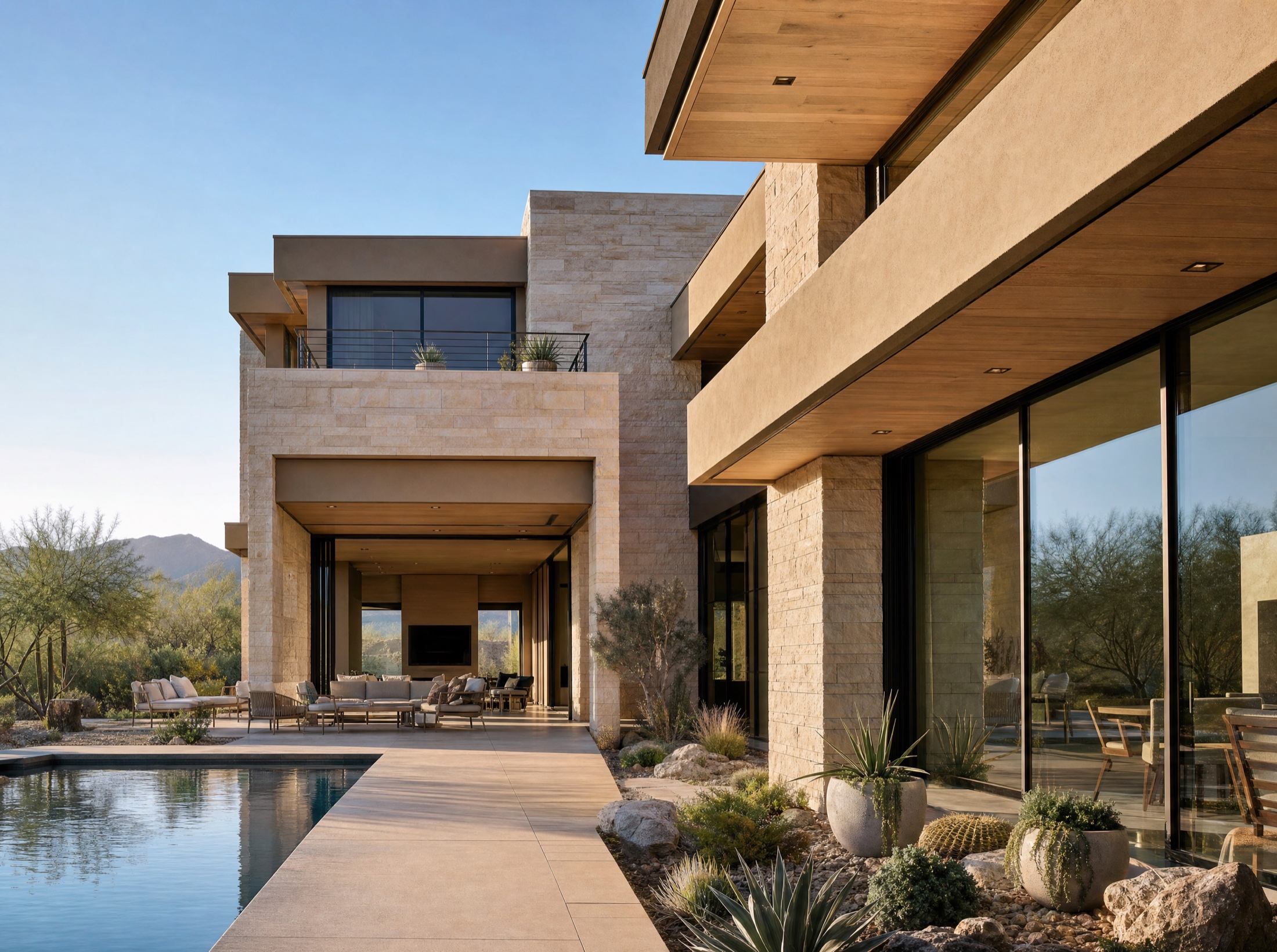 Avenir home in travertine and glass with mountain views