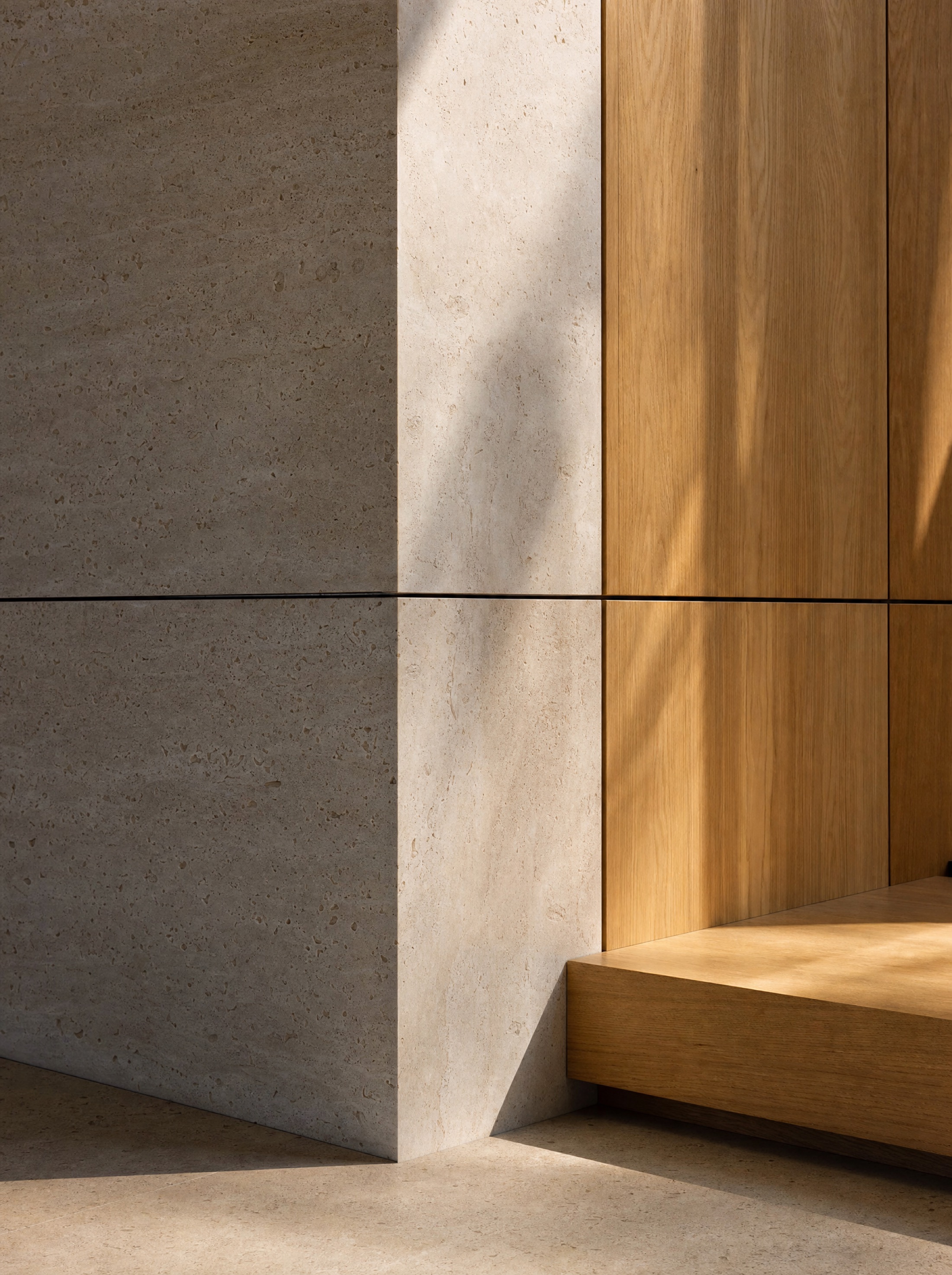 Travertine and oak detail, built