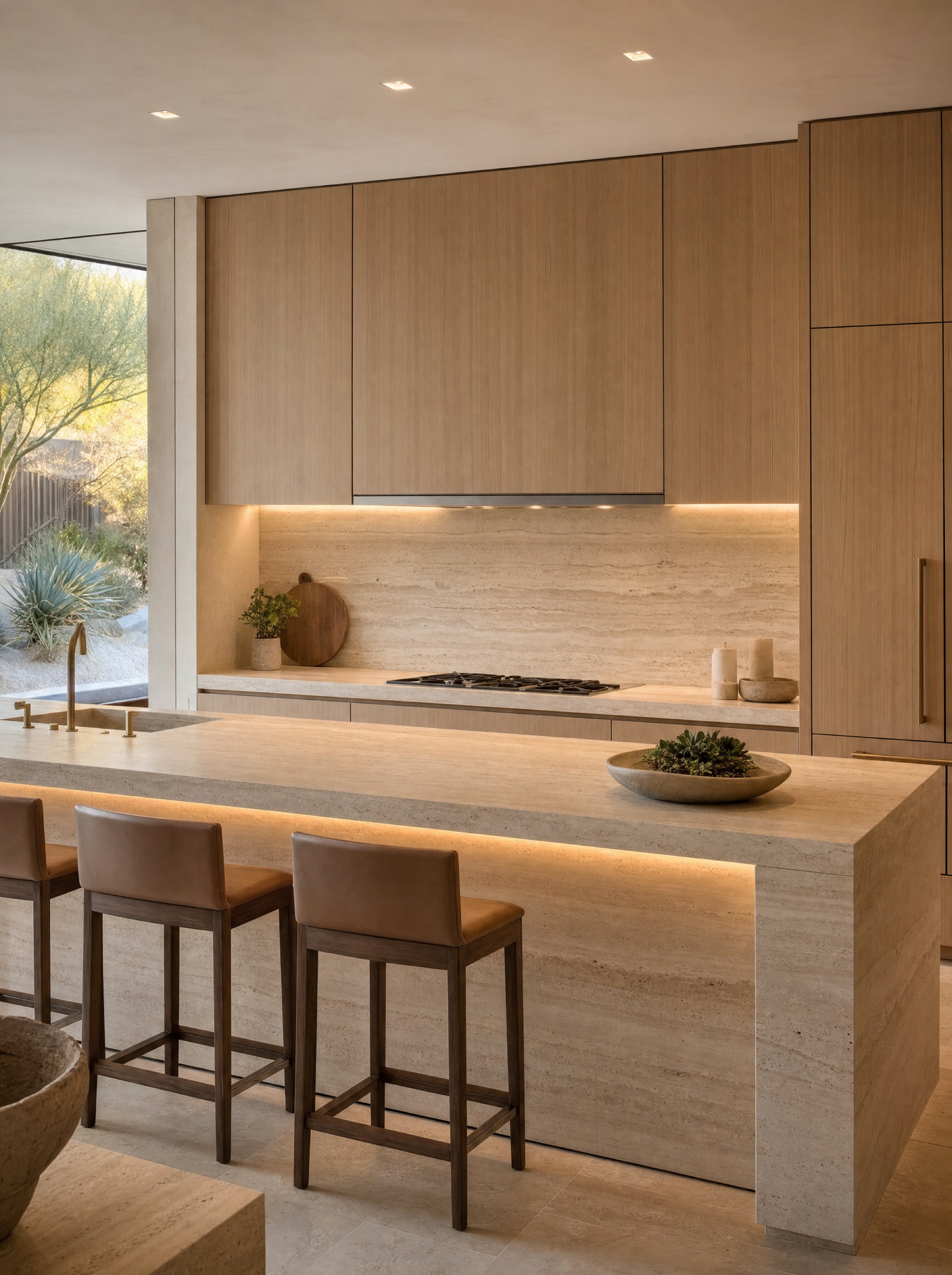 Oak and travertine kitchen, built