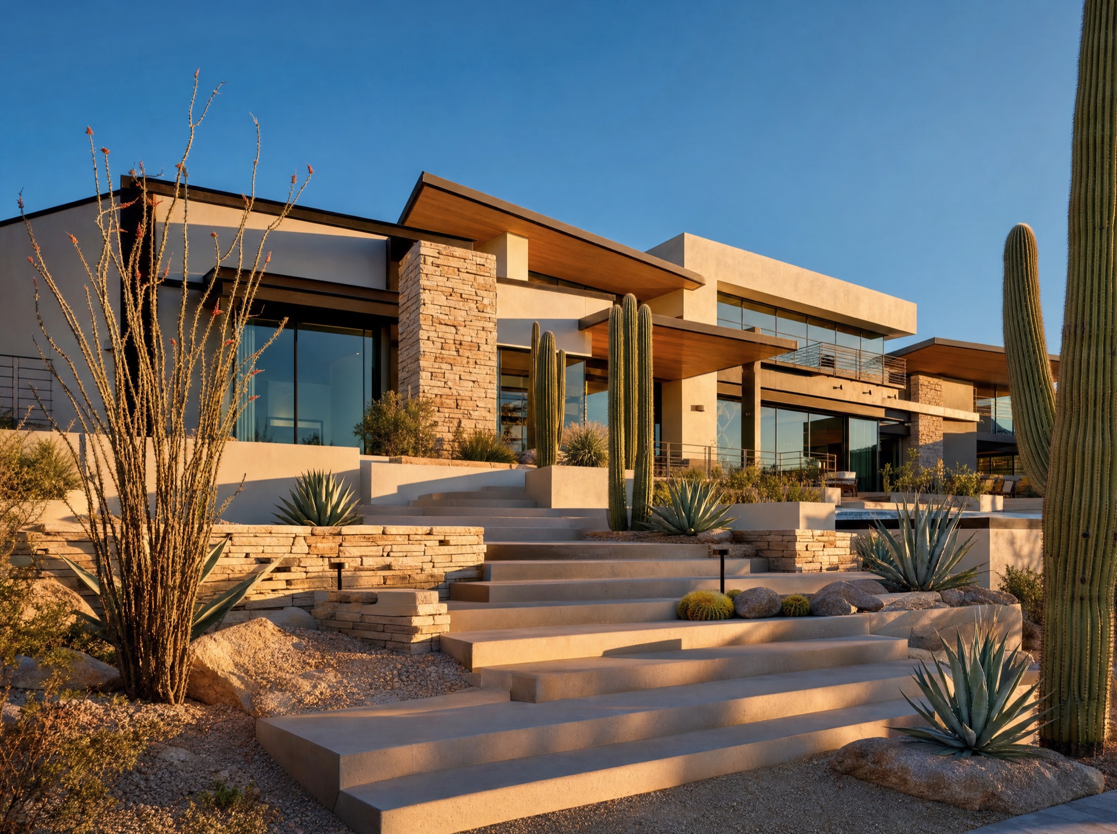 Desert entrance steps at golden hour, built