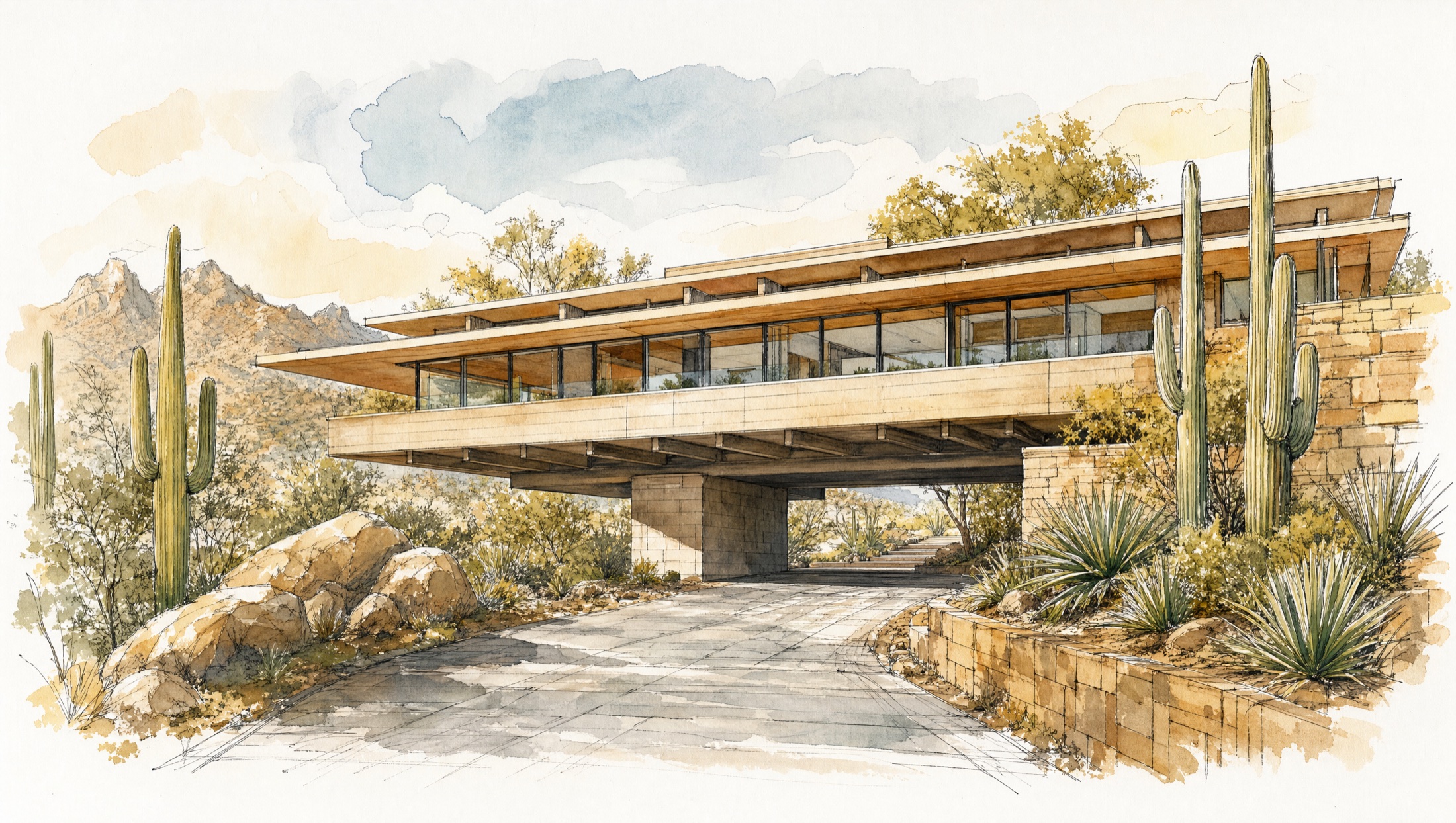 Cantilevered desert home, watercolor