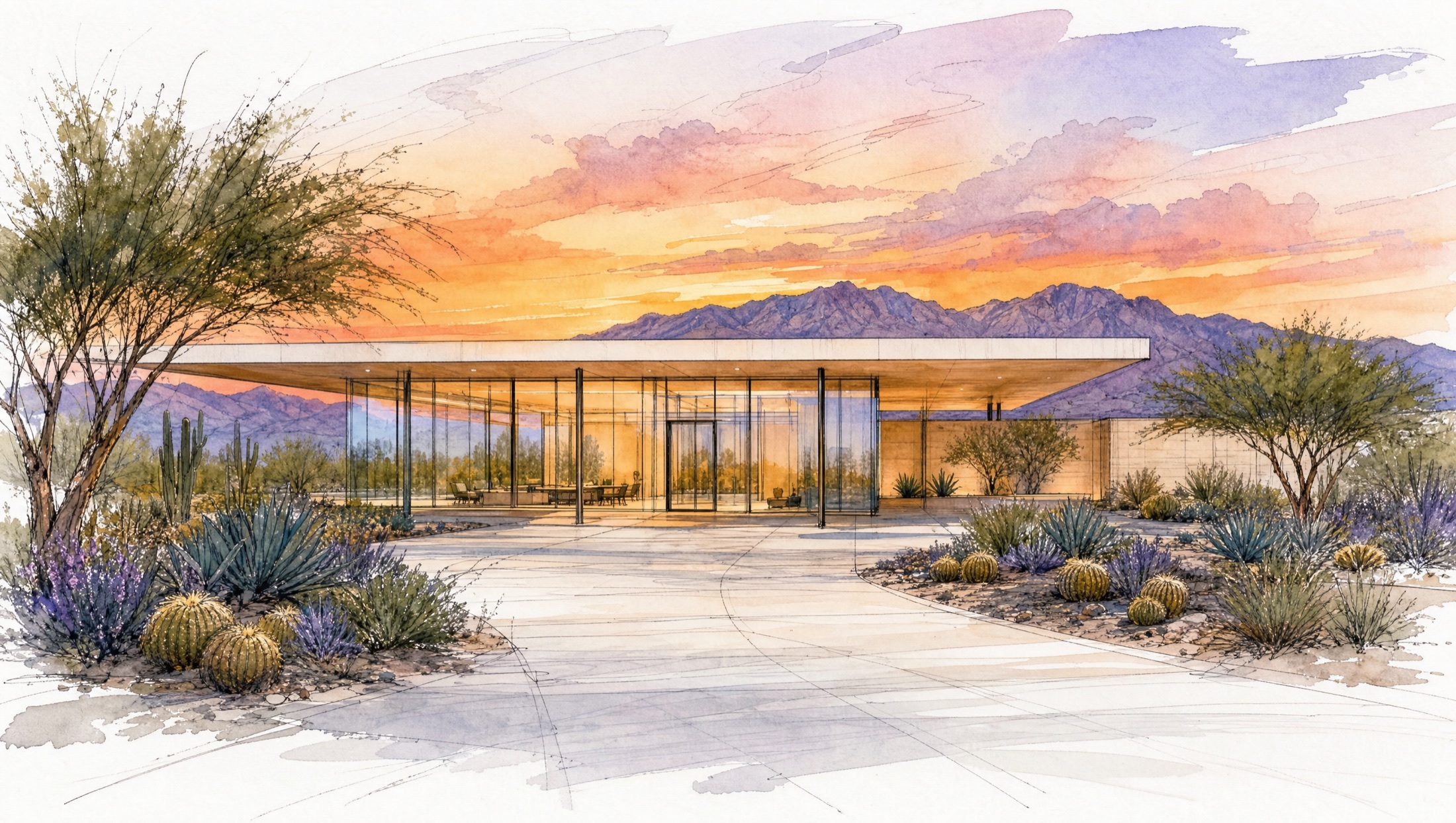 Watercolor of a glass desert pavilion at sunset
