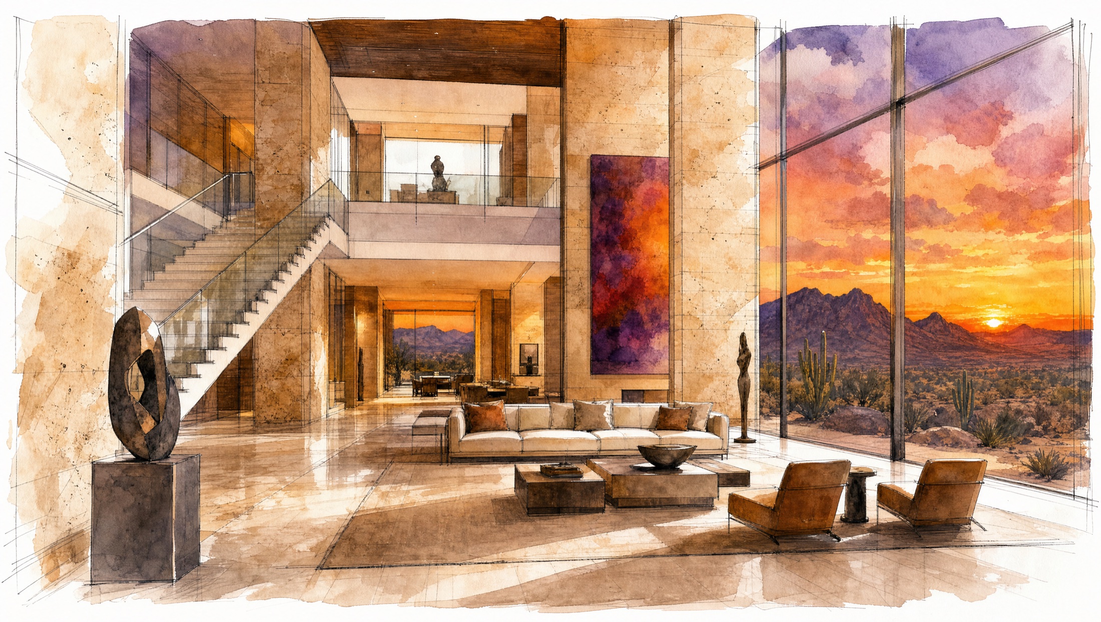 Watercolor of an Avenir great room at sunset