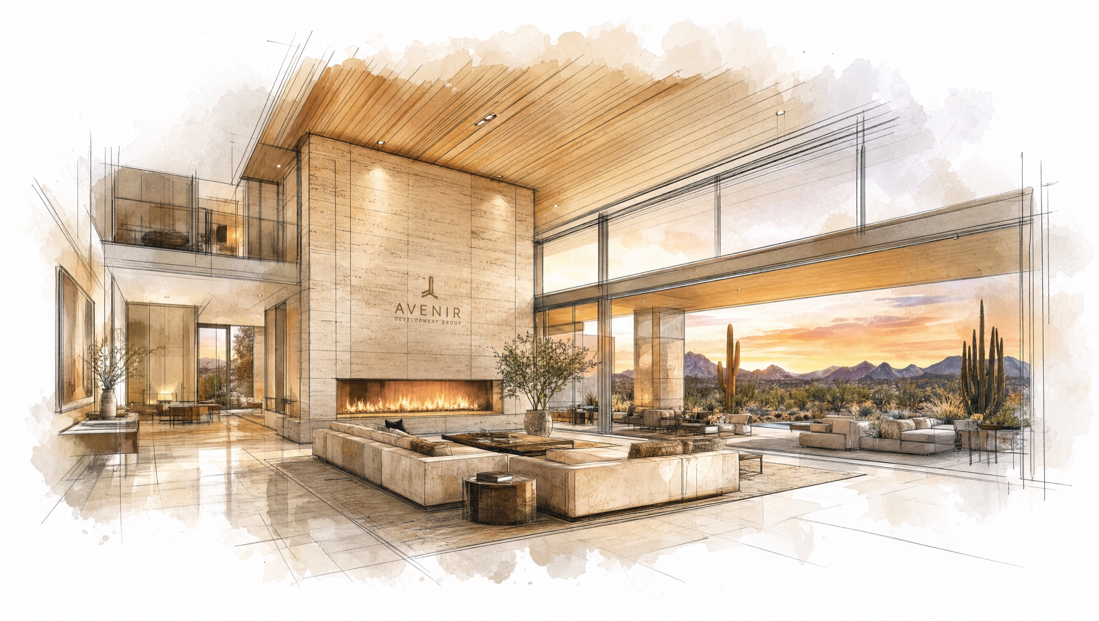 Great room interior, watercolor