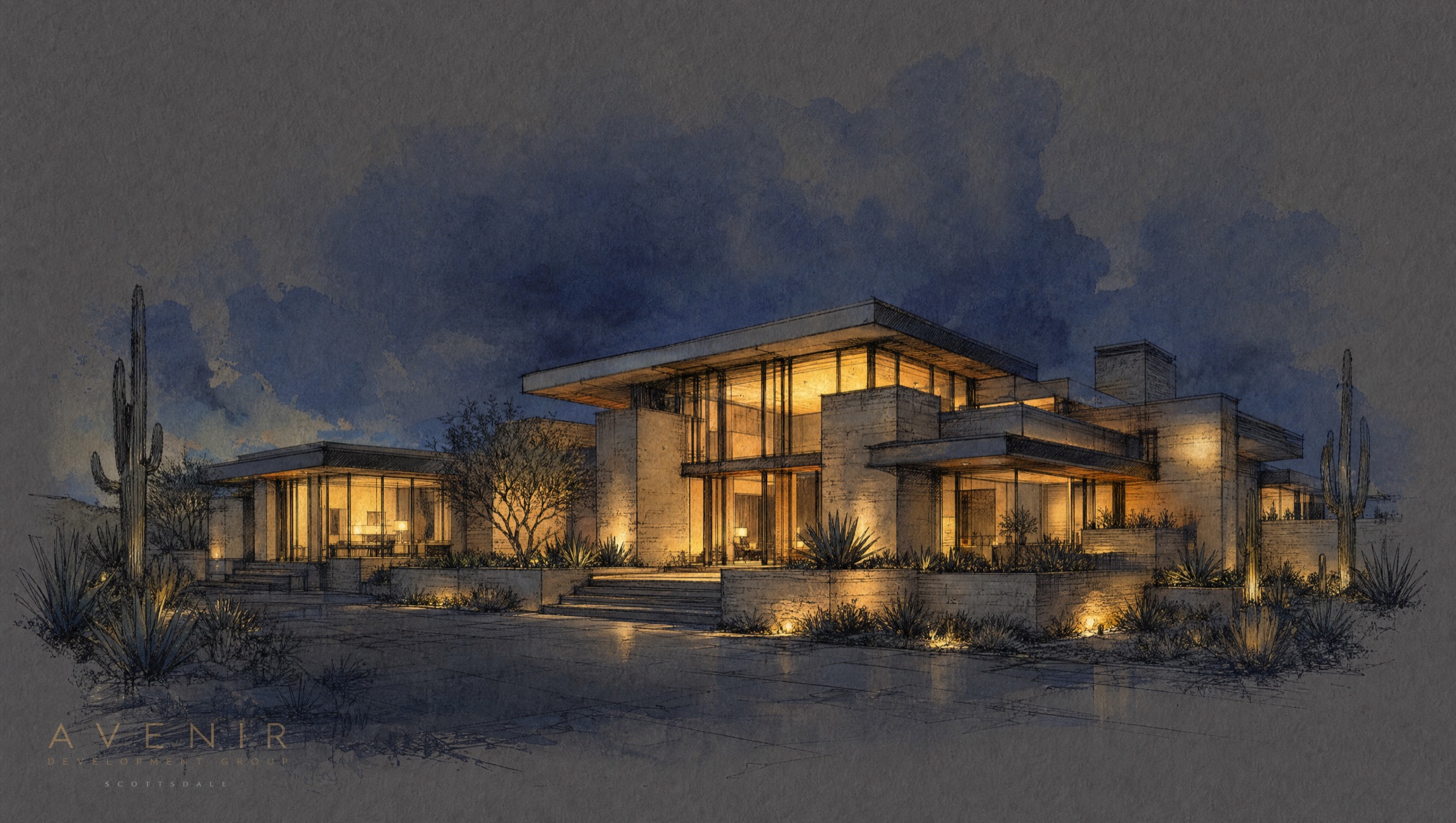 Watercolor night rendering of the Paradise Valley estate
