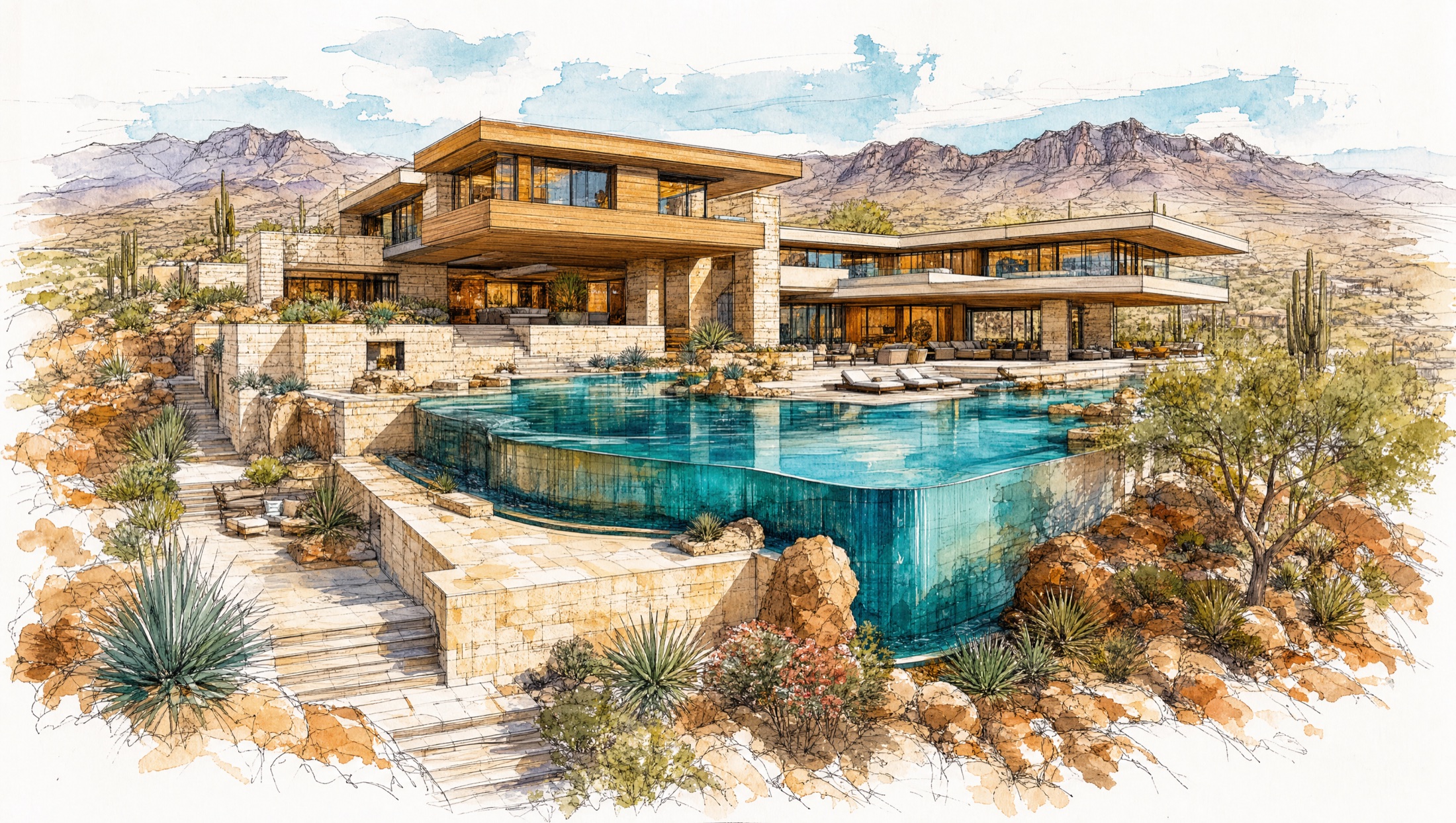 Hillside infinity pool estate, watercolor