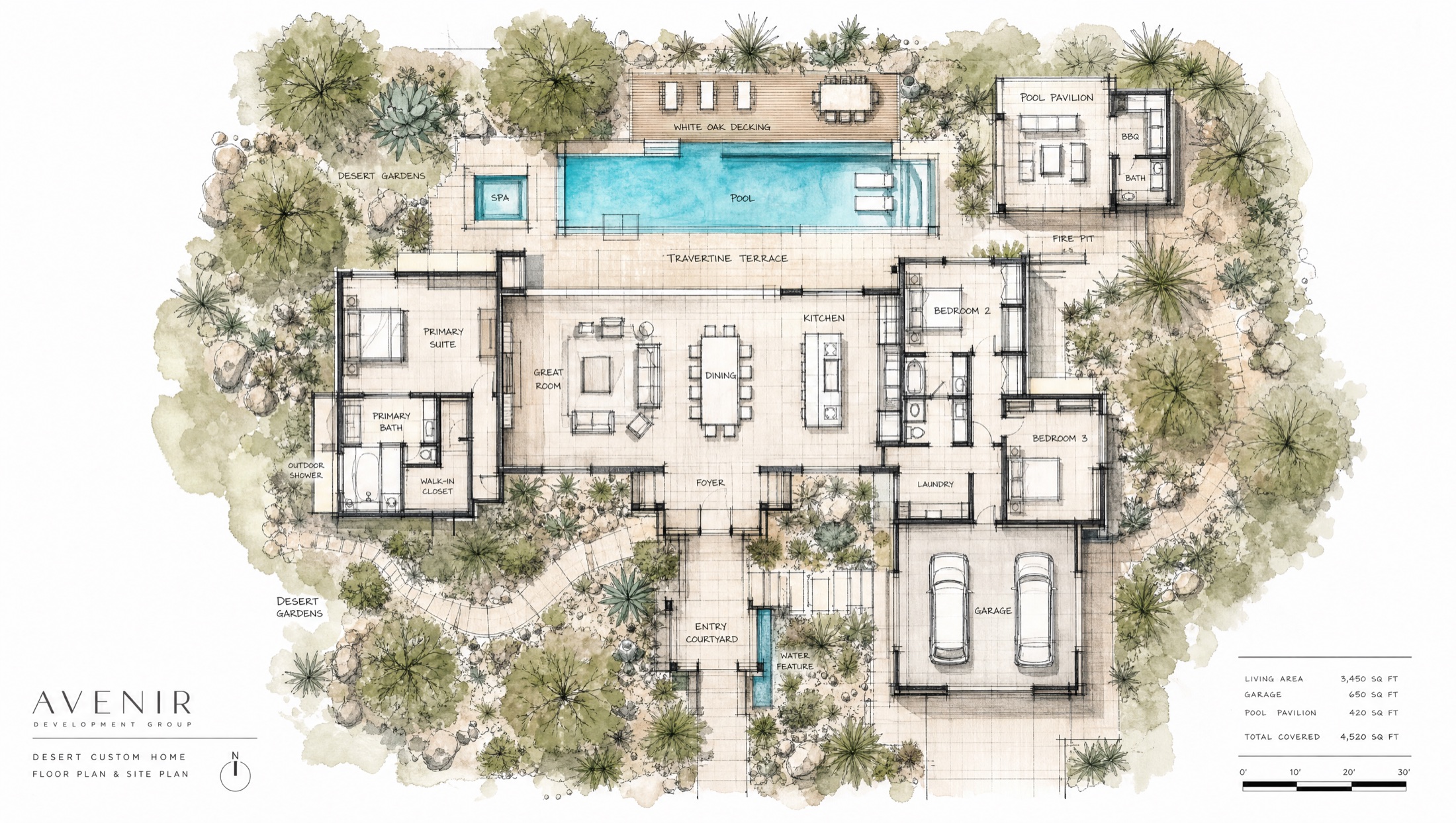 Watercolor site and floor plan for the Cave Creek residence